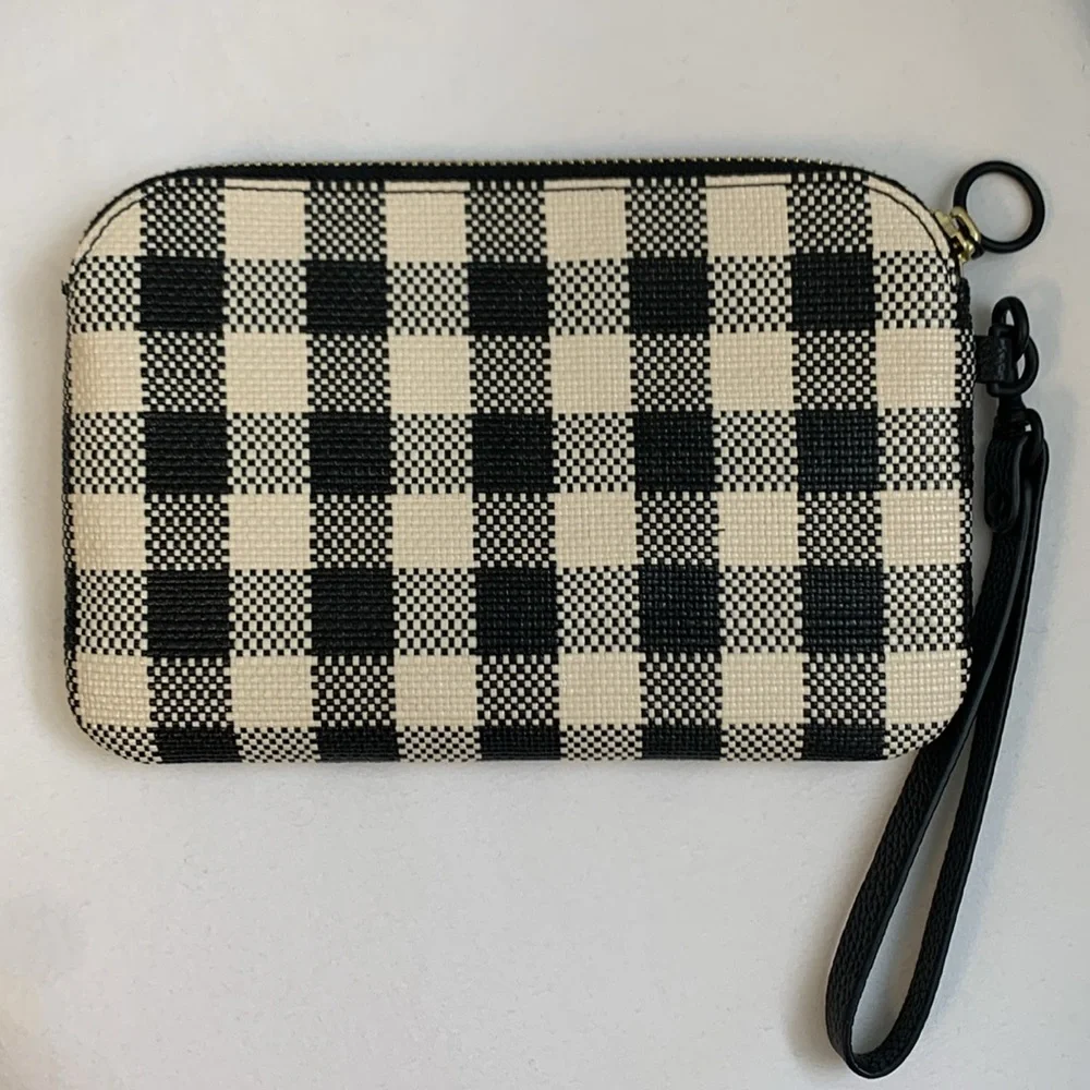 Tory Burch Perry Bombe Gingham Leather Wristlet – Black & Ivory – Like New